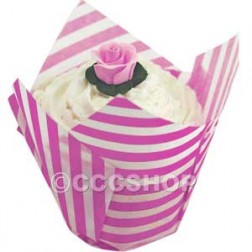 12 Fuchsia Stripe Muffin Wrappers - Tulip Cups