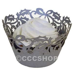 Cupcake Wrapper - Silver Holly Decorative Lace